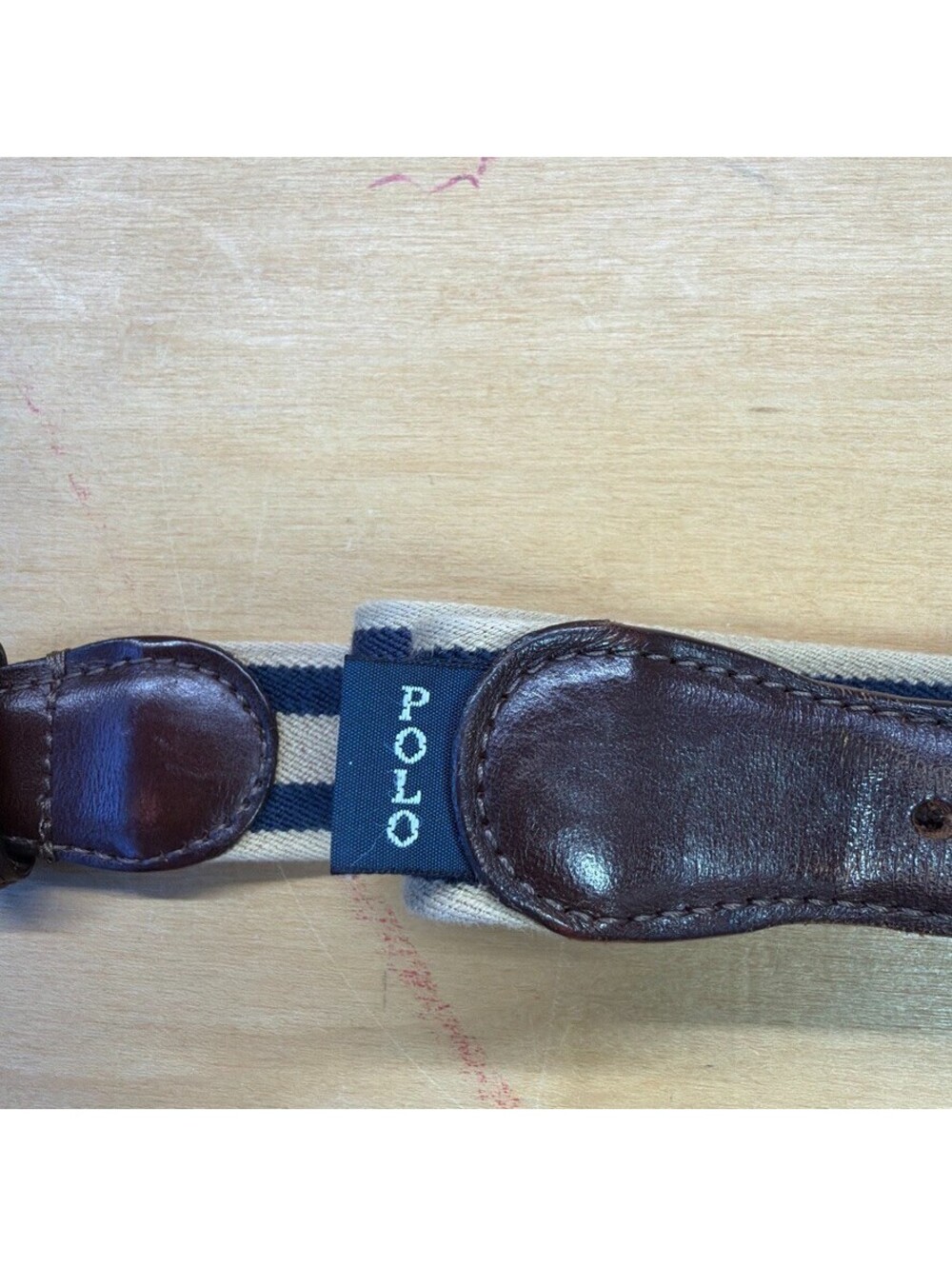 Polo Ralph Lauren Striped Preppy Leather Cotton Belt Blue & Beige Belt Size 38